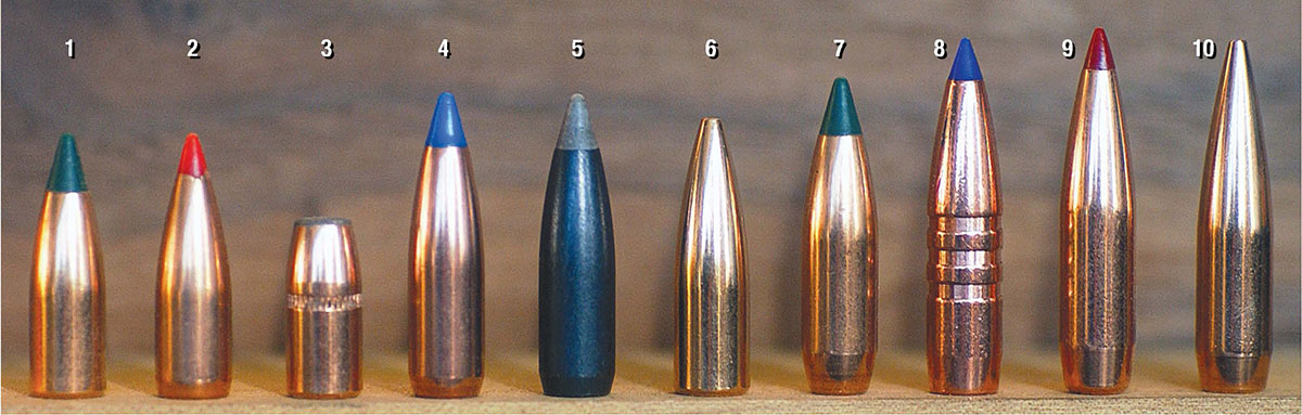 Bullets used to test the 250 AI: (1) Sierra 70-grain BlitzKing, (2) Hornady 75 V-MAX, (3) Speer 75 FP, (4) Nosler 85 Ballistic Tip, (5) Combined Technology 85 Ballistic Tip (made by Nosler), (6) Speer 87 TNT, (7) Sierra 90 BlitzKing, (8) Barnes 100 TTSX, (9) Hornady 110 Hornady ELD and the (10) Berger 115-grain VLD Hunting.